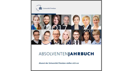 Cover für das Jahrbuch mit Gesichtern der Alumni der Uni Potsdam