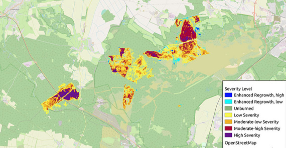 Fire intensity on the PYROPHOB investigation areas in Treuenbrietzen and Jüterbog based on the difference Normalized Burn Ratio (dNBR), calculated from Sentinel2 satellite data for the years 2018 and 2019 | Graphic: Antonia Schönberg Fire intensity on the PYROPHOB investigation areas in Treuenbrietzen and Jüterbog based on the difference Normalized Burn Ratio (dNBR), calculated from Sentinel2 satellite data for the years 2018 and 2019 | Graphic: Antonia Schönberg