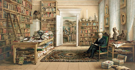 „Alexander von Humboldt in seiner Bibliothek“, Chromolithographische Kopie einer Zeichnung mit Wasserfarben von Eduard Hildebrandt, 1856 (Berlin: Storch & Kramer) (Princeton University, Graphic Arts Collection)