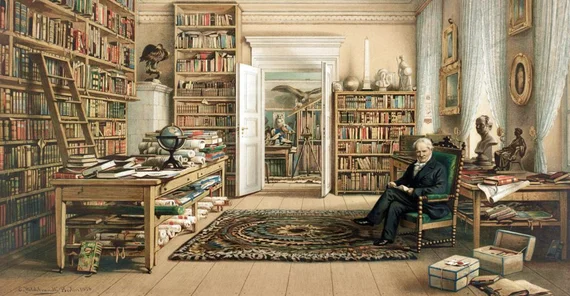 „Alexander von Humboldt in seiner Bibliothek“, Chromolithographische Kopie einer Zeichnung mit Wasserfarben von Eduard Hildebrandt, 1856 (Berlin: Storch & Kramer) (Princeton University, Graphic Arts Collection)