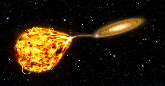 Künstlerische Darstellung des Masseverlustes eines Roten Riesensterns aufgrund der Anziehungskraft seines sonnenähnlichen Begleiters. | Abbildung: Joris Vos Künstlerische Darstellung des Masseverlustes eines Roten Riesensterns aufgrund der Anziehungskraft seines sonnenähnlichen Begleiters. | Abbildung: Joris Vos