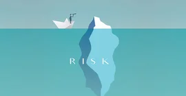Eine Illustration eines Eisbergs im Wasser. die obere kleine Spitze guckt an der Oberfläche heraus, ein Bootfahrer sieht mit einem Fernglas darauf. Der größere untere Teil befindet sich unter der Wasseroberfläche, auf ihm steht das Wort "Risk".