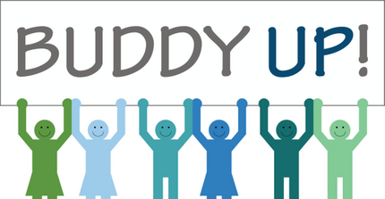 Buddy Logo Six human figures in green and blue hues hold up a banner over their heads that says Buddy UP!
